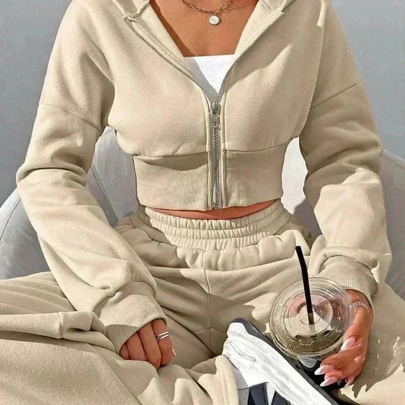 Khaki Casual Women's Zipper Front Hoodie And Pants Set - Picture 2 of 7